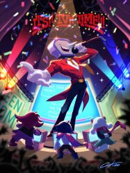 1girl 1other 2boys absurdres ant_tenna arms_behind_back audience belt_buckle black_pants blue_hair blue_skin boots buckle c_kibe cape colored_skin commentary confetti crt curtains deltarune english_commentary english_text fang full_body furry furry_female furry_male glint gloves highres holding holding_microphone horns indoors kris_(dark_world)_(deltarune) kris_(deltarune) medium_hair microphone multiple_boys necktie object_head pants pink_hair podium pointy_nose ralsei red_cape red_scarf scarf shoes short_hair signature smile spotlight stage stage_curtains stage_lights standing susie_(dark_world)_(deltarune) susie_(deltarune) tailcoat teeth white_gloves yellow_necktie yellow_shoes