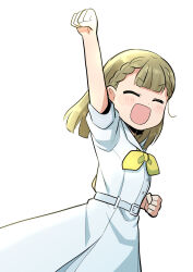 Rule 34 | 1girl, :d, ^ ^, blush, braid, center-flap bangs, clenched hands, closed eyes, commentary request, dress, facing viewer, hasu no sora school uniform, highres, kachimachi kosuzu, link! like! love live!, long hair, love live!, massigura, neckerchief, open mouth, pleated dress, puffy short sleeves, puffy sleeves, raised fist, sailor collar, sailor dress, school uniform, short eyebrows, short sleeves, side ahoge, side braids, simple background, smile, solo, summer uniform, v-shaped eyebrows, virtual youtuber, white background, white dress, white sailor collar, yellow neckerchief