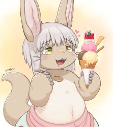 1other animal_ears blueberry blush body_fur brown_fur brown_tail drooling eating fangs food fruit furry gomuhimo_(nawataro) grey_hair highres holding holding_food holding_spoon horizontal_pupils ice_cream ice_cream_cone made_in_abyss nanachi_(made_in_abyss) navel open_mouth plump simple_background solo spoon strawberry tail tareme thick_arms upper_body waffle_cone whiskers yellow_background