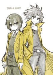 00s 1boy 1girl black_eyes black_hair coat jing jing_(ou_dorobou_jing) jing_king_of_bandits kino_(kino_no_tabi) kino_no_tabi monochrome short_hair simple_background spiral