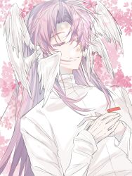 Rule 34 | 1boy, absurdres, chinese commentary, closed eyes, closed mouth, colored eyelashes, commentary request, curtained hair, hatsutori hajime, head wings, highres, jacket, jukin9663, long hair, long sleeves, male focus, multiple wings, own hands together, pink hair, saibou shinkyoku, smile, solo, upper body, white jacket, white wings, wings