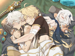 1girl 2boys aether_(genshin_impact) ahjojing bandaid bandaid_on_face bandaid_on_nose bennett_(genshin_impact) blonde_hair camping earrings genshin_impact goggles highres jewelry male_focus morning multiple_boys nose_bubble open_mouth outdoors paimon_(genshin_impact) romper scar scar_on_arm sleeping snoring spooning teeth unworn_goggles white_hair white_romper yaoi