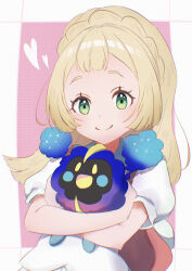 Rule 34 | 1girl, absurdres, backpack, bag, blonde hair, closed mouth, commentary request, cosmog, eyelashes, gen 7 pokemon, green eyes, happy, heart, highres, holding, holding pokemon, legendary pokemon, lillie (pokemon), long hair, nintendo, pink background, pokemon, pokemon (creature), pokemon sm, shirt, short sleeves, smile, split mouth, watawatage, white shirt