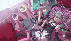 Rule 34 | 2girls, apple, apple slice, arianna the labrynth servant, arianne the labrynth servant, bed, bow, breasts, cookie, cracked skin, cup, demon girl, demon horns, demon tail, demon wings, duel monster, food, fruit, gloves, grapes, green eyes, grey hair, hair bow, highres, holding hands, horns, indoors, interlocked fingers, looking at another, maid, maid headdress, medium breasts, medium hair, multiple girls, no socks, pantyhose, pillow, pink eyes, plate, pointy ears, shun no shun, spill, tail, teacup, wings, yu-gi-oh!, yuri