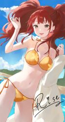 Rule 34 | 1girl, alternate costume, bikini, blush, breasts, brown eyes, brown hair, earrings, floral print, gold bikini, highres, holding, holding towel, jewelry, konchi (63438789), kujikawa rise, looking at viewer, open mouth, persona, persona 4, smile, solo, swimsuit, towel, twintails