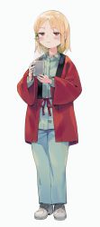 1girl :| blue_pants blush brown_eyes closed_mouth cup female_focus full_body hair_ornament hidaka_koharu high_score_girl highres holding holding_cup looking_at_viewer pants parted_bangs shoes short_hair sidelocks simple_background sneakers solo standing urayamashiro_(artist) white_background white_shoes wide_sleeves