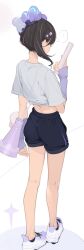1girl ama_mitsuki back black_hair black_shorts commentary_request detached_sleeves from_behind highres holding legs midriff original purple_sleeves shirt shoes short_hair short_shorts short_sleeves shorts sneakers solo thighs white_shirt white_shoes