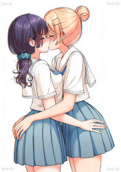 Rule 34 | 2girls, absurdres, artist name, betock, blonde hair, blue skirt, blush, closed eyes, commentary, grabbing another&#039;s ass, groping, hair bun, hair ornament, hair scrunchie, hand on another&#039;s waist, highres, kiss, multiple girls, original, pleated skirt, purple hair, sailor collar, scrunchie, shirt, short sleeves, simple background, skirt, white background, white sailor collar, white shirt, yuri