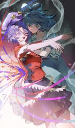 2girls absurdres belt black_belt black_skirt blue_dress blue_eyes blue_hair bright_pupils closed_mouth collarbone collared_vest commentary dress empty_eyes ender_xiaohai feet_out_of_frame fingernails frilled_dress frilled_sleeves frills hagoromo hair_ornament hair_rings hair_stick hand_on_another&#039;s_face hat hat_ornament highres jiangshi kaku_seiga looking_at_viewer miyako_yoshika multiple_girls nail_polish newsboy_cap ofuda ofuda_on_head open_clothes open_mouth open_vest outstretched_arms puffy_short_sleeves puffy_sleeves purple_eyes purple_hair purple_hat sharp_fingernails sharp_teeth shawl short_hair short_sleeves skirt star_(symbol) star_hat_ornament teeth touhou unworn_hat unworn_headwear vest white_pupils zombie_pose