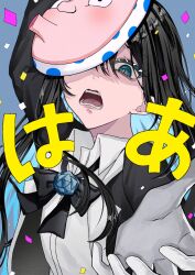 Rule 34 | 1girl, ado (utaite), black bow, black bowtie, black hair, blue eyes, blue hair, bow, bowtie, chando (ado), collared shirt, commentary request, confetti, dress shirt, ego rock (vocaloid), gloves, hair between eyes, highres, long hair, looking at viewer, mask, open mouth, oyashirazu (adochan daisuki), shirt, solo, teeth, twitter username, upper body, white gloves, white shirt
