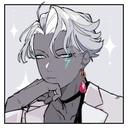 1boy blue_eyes border closed_mouth commentary_request curtained_hair diamond_(shape) earrings facial_mark fate/grand_order fate_(series) frown gem hand_on_own_face head_rest highres indra_(fate) indra_(fgo_fes._2025)_(fate) jacket jewelry koma_5ma58 lapels lightning_bolt_facial_mark looking_to_the_side male_focus official_alternate_costume palmar_flexion piercing portrait red_gemstone short_hair sideways_glance single_earring solo spot_color suit_jacket white_border