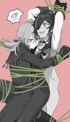 Rule 34 | !?, 2boys, antenna hair, arms up, blue eyes, blush, bound, bound together, bound wrists, brothers, cleavage cutout, closed mouth, clothing cutout, coat, collared shirt, commentary request, crossed bangs, dark-skinned male, dark skin, diluc (genshin impact), eyepatch, fingerless gloves, genshin impact, gloves, greyscale, greyscale with colored background, hair between eyes, highres, kaeya (genshin impact), lapels, long hair, long sleeves, looking down, low ponytail, male focus, monochrome, multicolored hair, multiple boys, noma (noma3g), one eye covered, open mouth, pants, parted bangs, pink background, plant, ponytail, red eyes, shirt, siblings, sidelocks, simple background, sleeve cuffs, speech bubble, spot color, step-siblings, streaked hair, sweatdrop, swept bangs, teeth, two-tone gloves, upper teeth only, vest, vines, wing collar