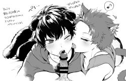 3boys ;o animal_ear_fluff animal_ear_piercing animal_ears armpit_crease back_peek bar_censor bed_sheet blush cat_boy cat_ears cat_tail censored closed_eyes collarbone drooling erection fellatio folded_ear hair_between_eyes hair_slicked_back harai_kuko hood hood_down hooded_jacket hypnosis_mic jacket kemonomimi_mode licking licking_another&#039;s_cheek licking_another&#039;s_face long_eyelashes looking_at_another lying male_focus male_pubic_hair mole mole_under_eye motion_lines multiple_boys musical_note nbnekochan nose_blush off_shoulder on_side on_stomach one_eye_closed oral partially_unzipped penis plug_(piercing) pov pubic_hair raised_eyebrows short_hair speech_bubble spiked_hair spoken_musical_note tail tank_top tongue tongue_out translation_request veins veiny_penis very_short_hair yamada_ichiro yaoi