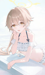 1girl absurdres bare_shoulders bikini blue_archive breasts brown_eyes brown_hair collarbone commentary frilled_bikini frills hair_ornament halo halterneck hand_on_own_cheek hand_on_own_face hifumi_(blue_archive) hifumi_(swimsuit)_(blue_archive) highres long_hair looking_at_viewer navel official_alternate_costume open_mouth small_breasts solo swimsuit teeth twintails upper_teeth_only usagi_(786113654) very_long_hair white_bikini wing_hair_ornament winged_halo yellow_halo