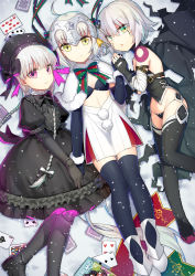 Rule 34 | 10s, 3girls, :o, absurdly long hair, ace (playing card), ace of spades, ahoge, alice&#039;s adventures in wonderland, arm belt, bandaged arm, bandages, bare shoulders, bell, belt, belt buckle, black bow, black bowtie, black bra, black cloak, black dress, black gloves, black hat, black legwear, black panties, black shirt, book, boots, bow, bowtie, bra, braid, brown belt, buckle, capelet, card, cloak, closed mouth, clubs, commentary, diamond (shape), doll joints, dress, elbow gloves, facial scar, fate/apocrypha, fate/extra, fate/grand order, fate (series), fingerless gloves, frilled dress, frills, from above, fur-trimmed capelet, fur trim, girl sandwich, gloves, glowing, gothic lolita, green bow, green eyes, green ribbon, grey bow, grey footwear, groin, hair between eyes, hair ribbon, hat, hat bow, headpiece, heart, highres, holding hands, jack the ripper (fate/apocrypha), jeanne d&#039;arc (fate), jeanne d&#039;arc (ruler) (fate), jeanne d&#039;arc alter (fate), jeanne d&#039;arc alter santa lily (fate), joints, lolita fashion, long hair, looking at viewer, looking to the side, lying, multicolored bow, multicolored ribbon, multiple girls, nashi (tidal0414), navel, nursery rhyme (fate), on back, on side, panties, pink eyes, playing card, pom pom (clothes), puffy short sleeves, puffy sleeves, purple bow, red bow, red ribbon, ribbon, sandwiched, scar, scar across eye, scar on cheek, scar on face, shirt, short dress, short hair, short sleeves, silver hair, sleeveless, sleeveless shirt, smile, snow, spade (shape), striped bow, striped bowtie, striped clothes, striped neckwear, tattoo, thigh boots, thighhighs, torn cloak, torn clothes, twin braids, underwear, very long hair, white capelet, white dress, yellow eyes