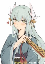 Rule 34 | 1girl, aqua hair, aqua kimono, blush, dragon girl, dragon horns, fate/grand order, fate (series), fgo si, hair between eyes, hand fan, heart, highres, horns, japanese clothes, kimono, kiyohime (fate), long hair, looking at viewer, multiple horns, obi, sash, smile, solo, yellow eyes