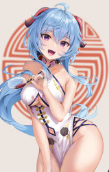 1girl absurdres ahoge bare_arms bare_shoulders blue_hair blush breasts china_dress chinese_clothes clothing_cutout collarbone cowboy_shot crossed_bangs cup dress ganyu_(genshin_impact) genshin_impact highres large_breasts long_hair looking_at_viewer navel navel_cutout open_mouth purple_eyes raurashun side_slit sleeveless smile solo thighs