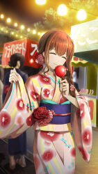 1girl archived_source blue_sash braid brown_hair candy_apple closed_eyes closed_mouth cowboy_shot facing_viewer festival floral_print floral_print_kimono flower food food_stand game_cg hair_between_eyes hair_flower hair_ornament highres holding holding_candy_apple holding_food huke japanese_clothes kimono long_hair makise_kurisu obi official_alternate_costume official_alternate_hairstyle official_art outdoors pink_flower pink_kimono print_kimono red_flower sash smile solo_focus steins;gate third-party_source tree wide_sleeves