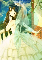 1girl absurdres alternate_costume back_bow bare_shoulders bow brown_eyes brown_hair commentary dress ekaapetto elbow_gloves fairy fairy_wings gloves hair_bow highres hime_cut long_hair looking_at_viewer one_eye_closed solo star_sapphire tagme touhou wedding_dress white_dress wings