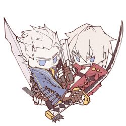 2boys belt_bra blue_coat blue_eyes brothers chibi chibi_only clenched_teeth coat dante_(devil_may_cry) devil_may_cry devil_may_cry_(series) devil_may_cry_3 ebony_&amp;_ivory fangs highres jacket katana multiple_boys muzhi_no open_mouth rebellion_(sword) red_jacket short_hair siblings smile sword teeth vergil_(devil_may_cry) weapon white_hair yamato_(sword)