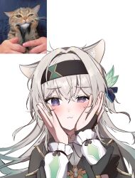 13_(jjusan13) 2girls :3 animal_ears black_gloves black_hairband black_jacket blush bridal_gauntlets cat cat_ears closed_eyes firefly_(honkai:_star_rail) frilled_sleeves frills gloves gradient_hair green_pupils grey_hair hair_between_eyes hair_intakes hair_ornament hair_ribbon hairband hands_on_another&#039;s_arms hands_on_own_cheeks hands_on_own_face highres honkai:_star_rail honkai_(series) jacket long_sleeves multicolored_eyes multicolored_hair multiple_girls ribbon ribbon-trimmed_sleeves ribbon_trim shirt simple_background single_bridal_gauntlet squishing stelle_(honkai:_star_rail) sweat trailblazer_(honkai:_star_rail) white_background white_shirt