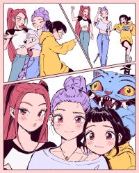 3girls :d ^_^ bird black_hair black_hat black_shorts blue_pants border braid brown_eyes clenched_hand closed_eyes closed_mouth crop_top denim derpy_(kpop_demon_hunters) double_bun gat_(hat) hair_bun hand_on_another&#039;s_shoulder hat head_on_another&#039;s_shoulder highres hood hoodie jeans jewelry kpop_demon_hunters long_hair looking_at_another looking_at_viewer midriff mira_(kpop_demon_hunters) multiple_girls necklace o3o open_mouth pants parted_lips pink_border polo_tokki print_hoodie purple_hair purple_nails raglan_sleeves raised_eyebrow raised_fist red_hair rumi_(kpop_demon_hunters) shirt short_bangs short_sleeves shorts sidelocks single_braid smile sussie_(kpop_demon_hunters) t-shirt tied_shirt tiger two_side_up walking white_background white_shirt yellow_hoodie zoey_(kpop_demon_hunters)