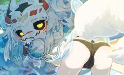 1girl animal_ears ass black_panties blush dated fox_ears fox_girl fox_mask fox_tail furry furry_female haronin_fukke highres looking_at_viewer mask original panties signature solo tail underwear variant_set yellow_eyes