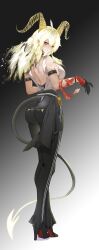 1girl absurdres ahoge arm_strap ass bare_shoulders black_choker black_gloves black_horns black_pants black_shoes black_tail blonde_hair breasts bright_pupils choker commentary curled_horns demon_tail earrings from_behind full_body gloves high-waist_pants high_heels highres horns jewelry key_earrings large_breasts long_hair looking_at_viewer median_furrow mole mole_under_eye pants red_eyes shirt shoes shoulder_blades solo tail tight_clothes tight_pants torn_clothes torn_shirt white_pupils white_shirt wuthering_waves yi_xin_(fjgy2754) zani_(wuthering_waves)