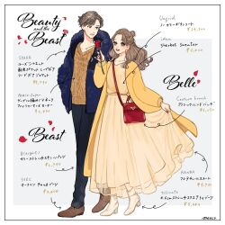 1boy 1girl bag beauty_and_the_beast_(disney) belle_(disney) blonde_hair brown_eyes brown_hair contemporary dress earrings hair_bun jewelry long_hair looking_at_viewer meecosme open_mouth prince_adam_(disney) shirt skirt smile
