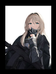 1girl absurdres an-94 an-94_(girls&#039;_frontline) aqua_eyes assault_rifle black_mask blonde_hair girls&#039;_frontline gun hairband highres kalashnikov_rifle la13 mask mouth_mask rifle simple_background solo tactical_clothes weapon white_background
