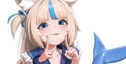 1girl absurdres animal_ear_fluff animal_ears aqua_nails blue_hair blunt_bangs collarbone fang fins fish_girl fish_tail highres indie_virtual_youtuber looking_at_viewer multicolored_hair nail_polish parted_lips sameko_saba simple_background smile solo streaked_hair tagua tail upper_body virtual_youtuber white_background