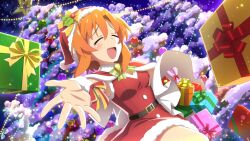 1girl :d ^_^ belt belt_buckle black_belt box buckle cape christmas christmas_tree closed_eyes cowboy_shot dress dutch_angle fur-trimmed_cape fur-trimmed_dress fur_trim game_cg gift gift_box hat highres higurashi_no_naku_koro_ni higurashi_no_naku_koro_ni_mei holding holding_sack lens_flare light_particles looking_ahead non-web_source official_art open_mouth orange_hair outdoors outstretched_arm red_cape red_dress ryuuguu_rena sack santa_costume santa_hat short_hair sleeveless sleeveless_dress smile solo sparkle winter
