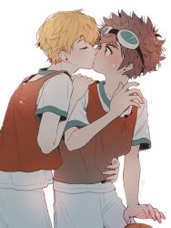 Rule 34 | 2boys, ball, basketball, basketball (object), basketball uniform, bishounen, blonde hair, blue eyes, commentary request, couple, digimon, goggles, goggles on head, highres, holding another&#039;s wrist, kim gyuri, kiss, looking at another, male focus, motomiya daisuke, multiple boys, short hair, sportswear, surprise kiss, surprised, takaishi takeru, yaoi