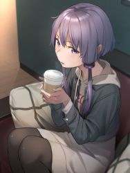 1girl black_pantyhose cropped_jacket cup cup_holder cushion denim denim_jacket disposable_coffee_cup disposable_cup feet_out_of_frame from_above hair_tubes highres holding holding_cup hood hoodie indoors jacket kuz light_blush looking_at_viewer open_mouth pantyhose purple_eyes purple_hair short_hair_with_long_locks sidelocks sitting solo steam vocaloid voiceroid white_hoodie wooden_floor yuzuki_yukari