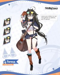 1girl ahoge aqua_eyes asymmetrical_gloves bag bandaged_leg bandages black_capelet black_gloves black_hair black_shoes black_shorts blue_socks brown_bag brown_gloves brown_socks capelet character_name collarbone commentary computer_keyboard crossed_bangs english_commentary english_text envelope fingerless_gloves full_body gauze gauze_on_leg gloves goggles goggles_on_head group_name hair_between_eyes half-skirt heterochromatic_eyewear highres long_hair long_sidelocks low-tied_long_hair messenger_bag micro_shorts midriff mismatched_gloves mismatched_socks multiple_expressions official_art orange_socks shirt shoes shorts shoulder_bag sidelocks single_fingerless_glove socks speech_bubble stella_sora teresa_(stella_sora) tied_shirt tinted_eyewear very_long_hair white_shirt