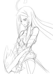 1girl armor armored_gloves armored_leotard breasts digimon digimon_(creature) female_focus helmet highres holding holding_helmet hudiemon leotard long_hair looking_down medium_breasts ph6xeivbgpimggg skirt solo solo_focus thick_thighs thighhighs thighs