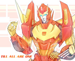 1boy autobot badge blue_eyes english_text grin gun hand_on_own_hip highres insignia male_focus mecha no_humans oceanapril robot rodimus science_fiction simple_background smile solo the_transformers_(idw) transformers weapon wheel