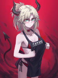 1girl apron bare_shoulders bikini black_apron blonde_hair braid breasts collarbone demon_girl demon_horns demon_tail earrings fate/apocrypha fate_(series) glasses green_eyes hair_ornament hair_scrunchie helltaker highres horns jewelry long_hair looking_at_viewer mordred_(fate) mordred_(fate/apocrypha) parted_bangs ponytail red_background red_bikini scrunchie side-tie_bikini_bottom sidelocks small_breasts solo swimsuit tail thighs tonee