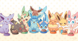 :3 :d :p ^_^ artist_name blue_eyes bowl bright_pupils brown_eyes closed_eyes closed_mouth commentary_request crumbs eating eevee espeon flareon gen_1_pokemon gen_2_pokemon gen_4_pokemon gen_6_pokemon glaceon highres jolteon leafeon mugita_konomi nintendo no_humans open_mouth pet_bowl pet_food pokemon pokemon_(creature) polka_dot polka_dot_background red_eyes smile sylveon tongue tongue_out umbreon vaporeon white_pupils yellow_background