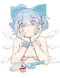 1girl :t absurdres ahoge alternate_costume bangle bikini blue_bikini blue_bow blue_eyes blue_hair bow bracelet breasts cirno closed_mouth commentary cropped_torso cupcake dated detached_wings donut food hair_between_eyes hair_bow hands_on_own_cheeks hands_on_own_face highres jewelry looking_at_viewer macaron scrunchie short_hair simple_background small_breasts solo swimsuit touhou white_background wings wrist_scrunchie ylong