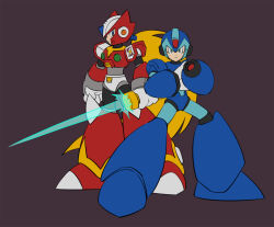 Rule 34 | 2boys, android, arm cannon, armor, blonde hair, blue armor, blue eyes, blue helmet, chest jewel, clenched hands, closed mouth, energy sword, forehead jewel, full body, gloves, green eyes, helmet, highres, holding, holding sword, holding weapon, jewelry, long hair, looking at another, looking at viewer, maeeeeeeeeng, male focus, mega man (series), mega man x (series), multiple boys, ponytail, red armor, red helmet, robot, robot ears, serious, shoulder armor, standing, sword, very long hair, weapon, white gloves, x (mega man), z saber, zero (mega man)