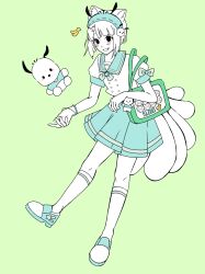 1girl animal_ears bag black_eyes blush chengan4 doll empty_eyes feiren_zai fox_ears fox_tail full_body green_background highres jiuyue_(feiren_zai) multiple_tails sailor shoes short_hair simple_background skirt smile socks solo tail