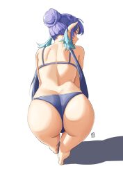 1girl artist_logo ass ass_focus automatic_giraffe back bikini blue_bikini blue_hair butt_crack from_above hair_bun highres huge_ass judith_(tales) logo looking_back low_twintails pointy_ears shadow sidelocks smile solo swimsuit tales_of_(series) twintails white_background