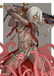 Rule 34 | 1girl, absurdres, areola slip, blush, breasts, chain, chinese commentary, commentary, commentary request, cuffs, dark-skinned female, dark skin, ebonyxh, english commentary, female pubic hair, freckles, grey background, highres, holding, holding sword, holding weapon, loincloth, nipples, open mouth, original, pointy breasts, pubic hair, ringed eyes, safety pin, scar, scar on neck, short hair, simple background, small breasts, solaria (ebonyxh), solo, steaming body, sweat, sword, tentacles, very sweaty, warhammer 40k, wax seal, weapon, white background, white hair, white pubic hair, yellow eyes
