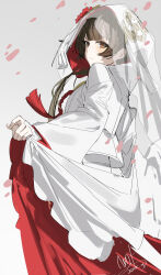 Rule 34 | 1girl, absurdres, azur lane, blunt bangs, blush, bridal veil, bride, brown eyes, brown hair, closed mouth, dress, highres, japanese clothes, kimono, long hair, looking at viewer, qtian, shiromuku, sidelocks, skirt hold, smile, solo, takao (azur lane), uchikake, veil, white dress, white veil
