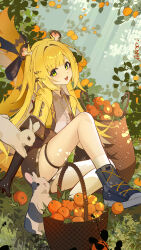 1girl absurdres ai_dongdong animal_ears black_gloves black_shoes blonde_hair brown_shorts food fruit gloves highres ju_fufu knee_up looking_at_viewer open_mouth orange_(fruit) outdoors parted_lips rabbit shoes short_sleeves shorts smile socks thigh_strap tiger_ears tiger_girl white_socks yellow_eyes zenless_zone_zero