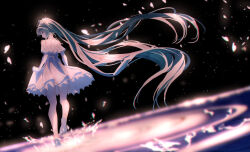 Rule 34 | 1girl, aqua eyes, aqua hair, bare legs, bare shoulders, barefoot, commentary, dark background, dress, floating hair, frilled dress, frills, from behind, full body, hatsune miku, highres, long hair, looking at viewer, looking back, petals, re:rin, skirt hold, solo, standing, twintails, very long hair, vocaloid, water, white dress, wide shot