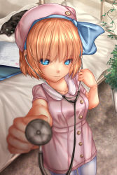 1girl alice_margatroid alternate_costume beret blonde_hair blue_eyes blue_hairband blurry blurry_background bow cat closed_mouth collared_dress commentary_request cowboy_shot day depth_of_field dress female_focus foreshortening futon hairband hat hat_bow highres holding ivy looking_at_viewer outdoors pantyhose pink_dress pink_hat plant short_dress short_hair short_sleeves shounen_(hogehoge) smile solo standing stethoscope sweatdrop touhou white_pantyhose