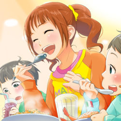 Rule 34 | 1girl, black hair, blush, brown hair, eating, closed eyes, food, idolmaster, idolmaster (classic), open mouth, raglan sleeves, solo focus, spoon, takatsuki yayoi, twintails, yachiwo