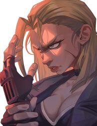 1girl absurdres ahoge blonde_hair blue_eyes blue_jacket breasts cammy_white cleavage fingerless_gloves gloves highres huge_ahoge jacket medium_breasts nose obarii padded_gloves portrait scar scar_on_face serious short_hair simple_background solo street_fighter street_fighter_6 white_background